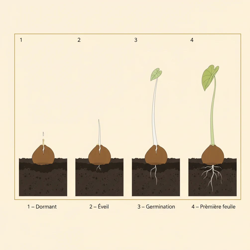 Illustration des quatre stades de germination d'une bulbille d'Alocasia : dormant, éveil, germination, première feuille