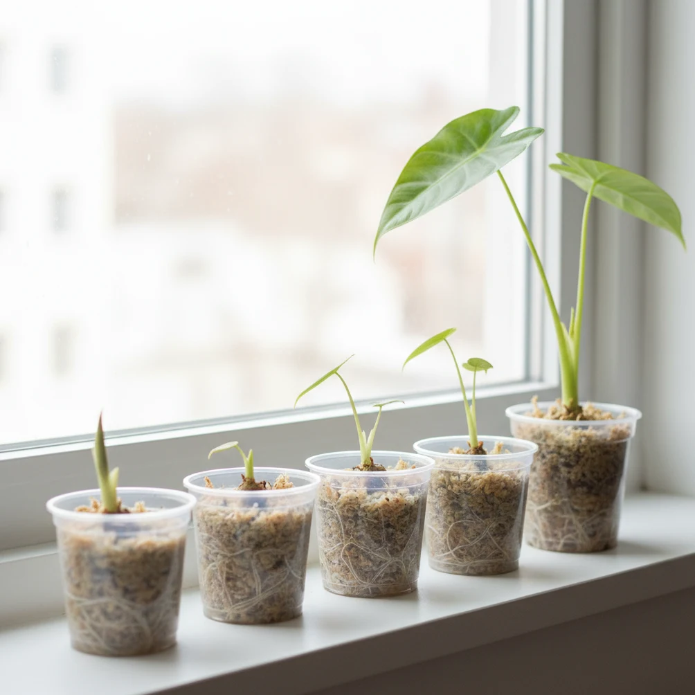 Plantules d'Alocasia en godets transparents montrant différents stades de développement avec racines visibles
