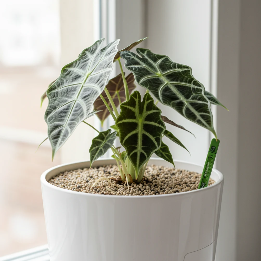 Alocasia amazonica Polly cultivée en substrat PON dans un pot à réservoir Lechuza