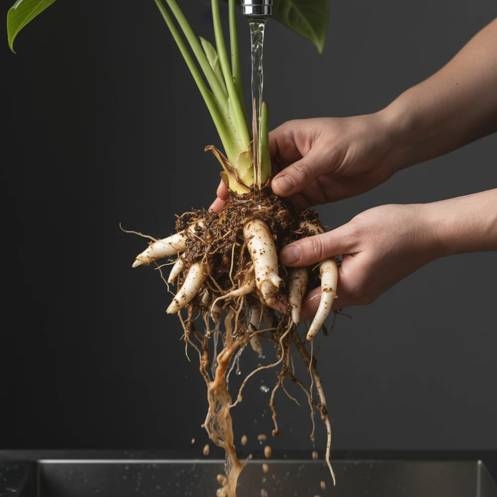 Rinçage complet des racines d'Alocasia sous l'eau courante pour retirer tout le terreau avant la plantation en PON
