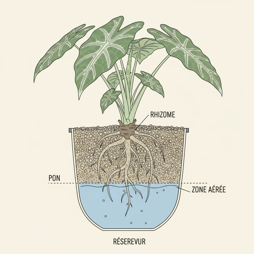 Coupe schématique d'un pot Lechuza en PON : réservoir d'eau, substrat minéral aéré et racines d'Alocasia en semi-hydroponie