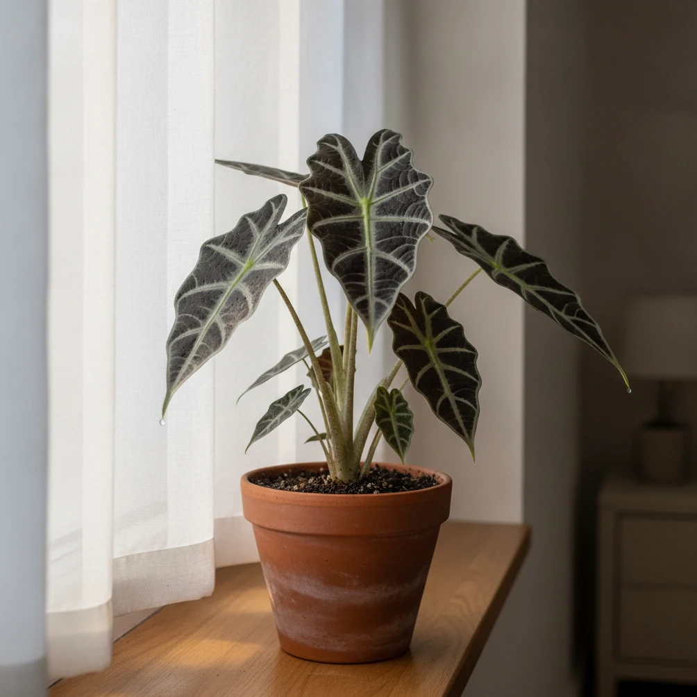 Alocasia x amazonica en pleine santé près d'une fenêtre voilée, nervures argentées sur feuillage sombre