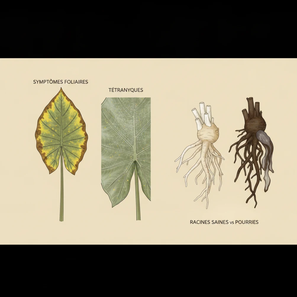 Planche diagnostic Alocasia : jaunissement et pointes brunes, toile de tétranyques, racines saines versus pourries