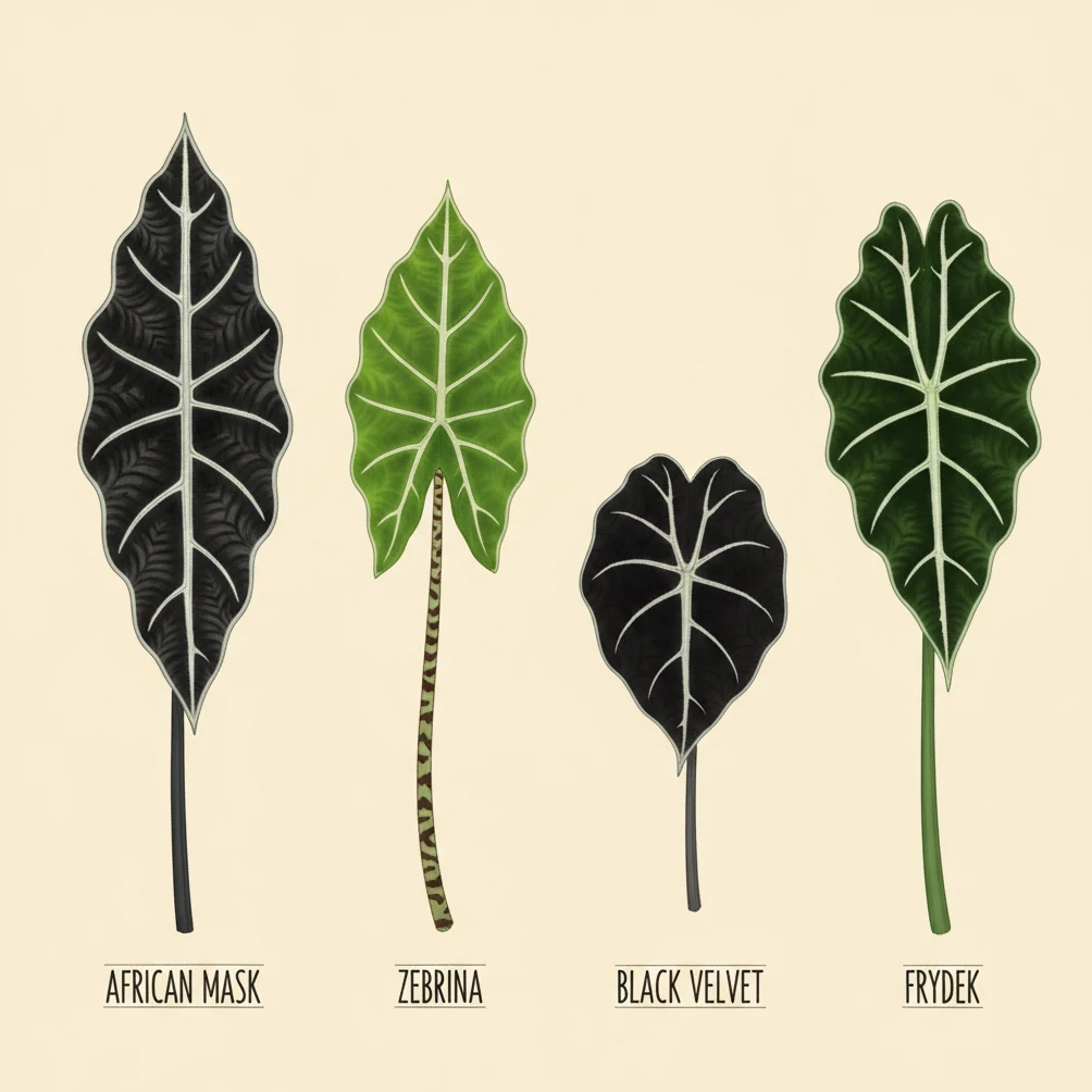 Planche comparative de quatre Alocasia populaires : African Mask, Zebrina, Black Velvet et Green Velvet 'Frydek'