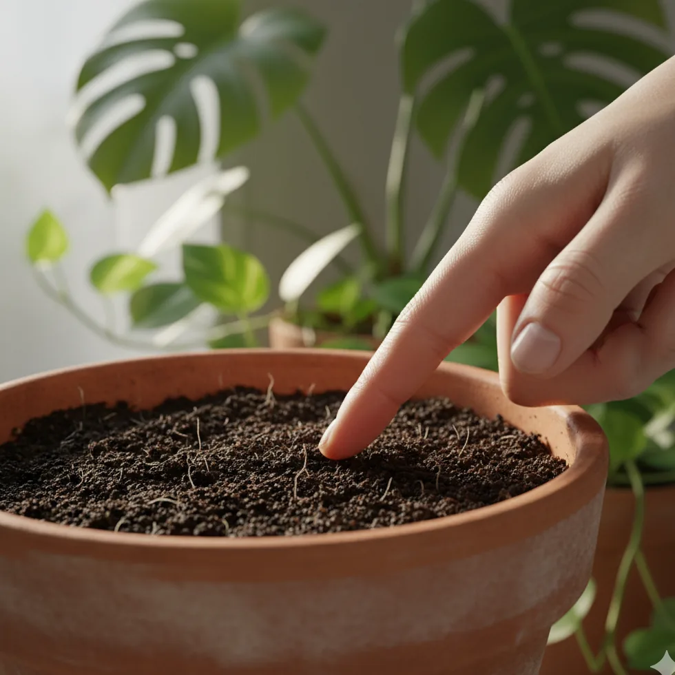 Main testant l'humidité du substrat en enfonçant l'index dans un pot en terre cuite avec une plante tropicale