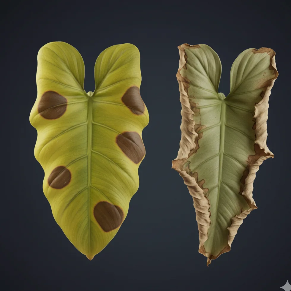 Comparaison côte à côte d'une feuille de Philodendron jaunie par excès d'eau à gauche, et d'une feuille desséchée aux bords bruns par manque d'eau à droite