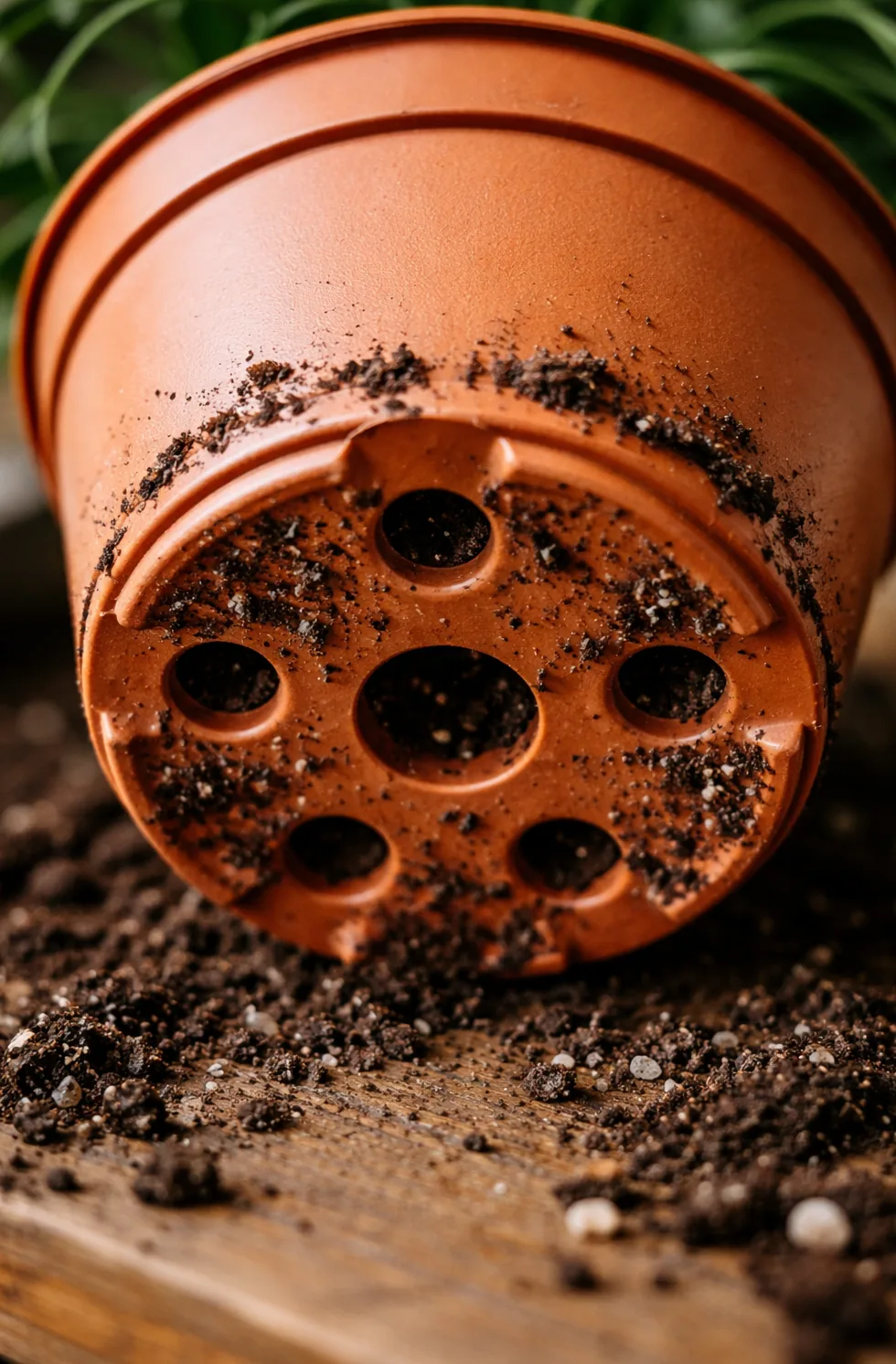 Eau s'écoulant par les trous de drainage d'un pot en terre cuite avec une plante tropicale — signal que tout le substrat a été humidifié