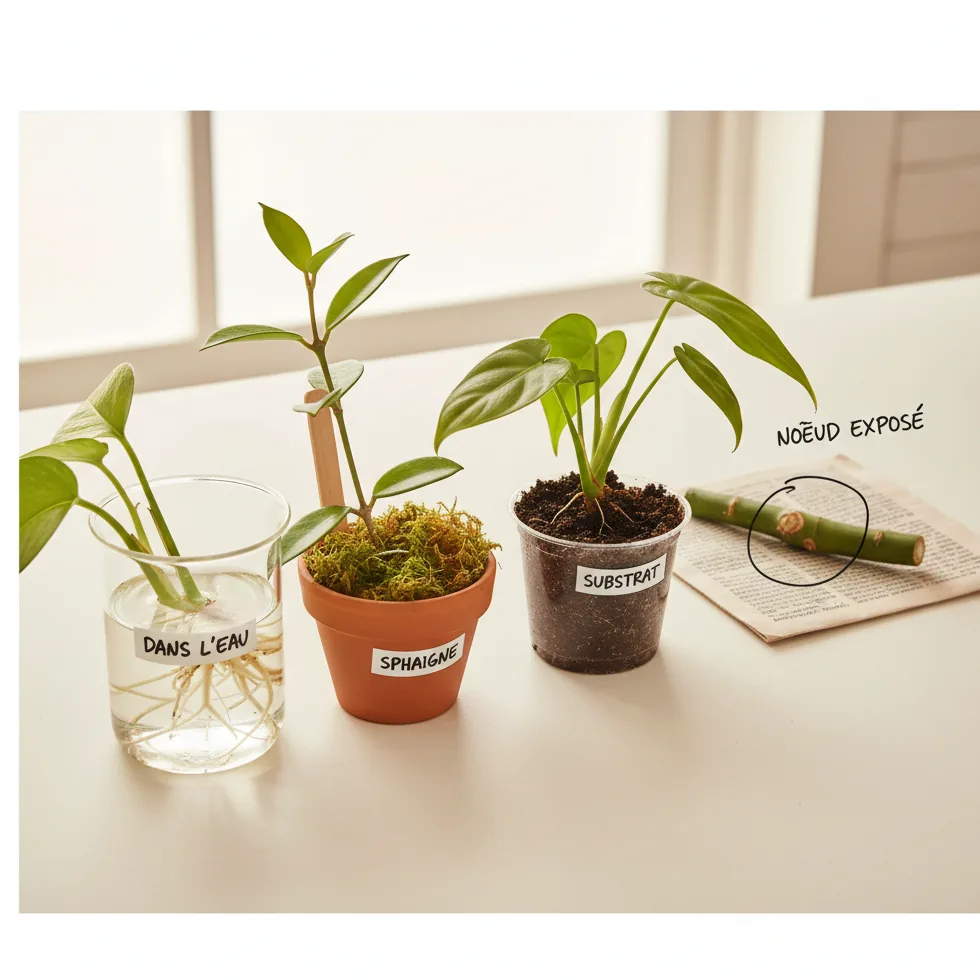 Les quatre méthodes de bouturage côte à côte : eau, sphaigne, substrat, nœud exposé