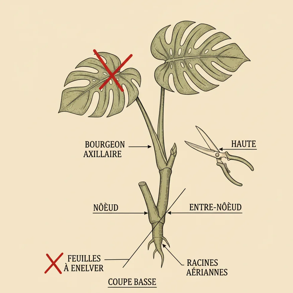 Anatomie d'une bouture : nœud, entre-nœud, emplacement de la coupe sur une tige de Monstera