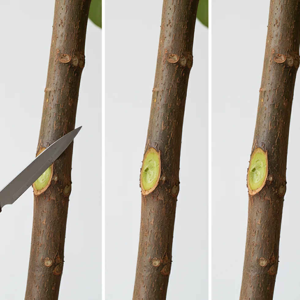 Étapes du marcottage aérien sur Ficus lyrata : incision, sphaigne, racines formées