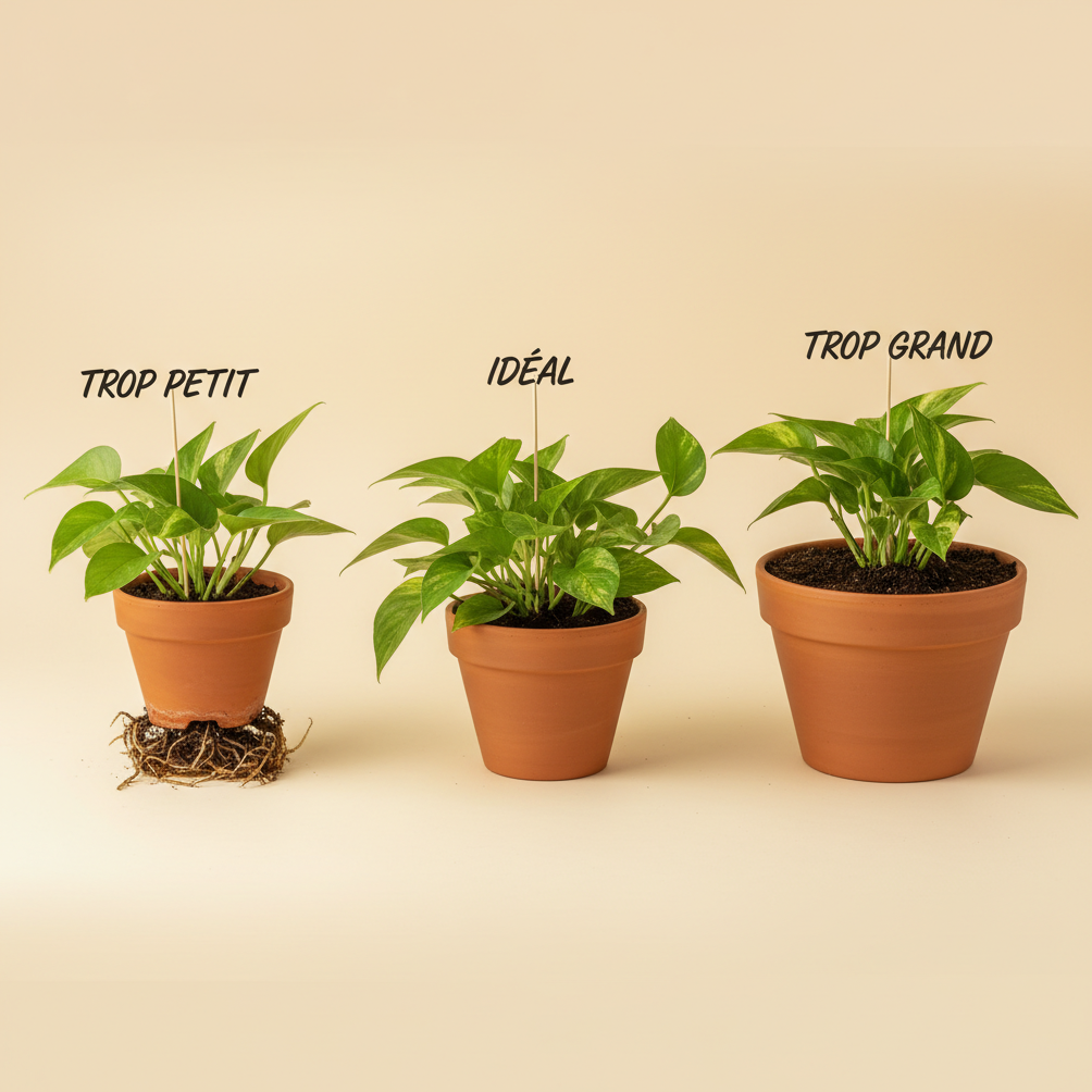 Comparaison de trois tailles de pot pour la même plante : trop petit, idéal, trop grand