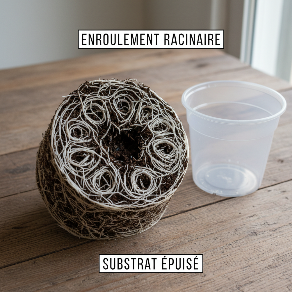Motte racinaire dense extraite d'un pot trop petit : enroulement racinaire et substrat épuisé