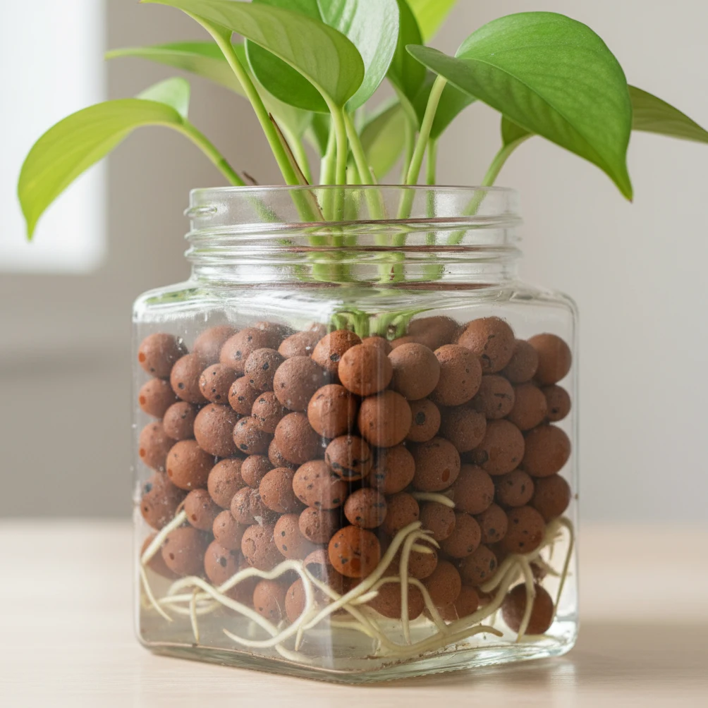Pothos dans un pot en verre transparent rempli de billes LECA, racines blanches visibles et réserve d'eau au fond