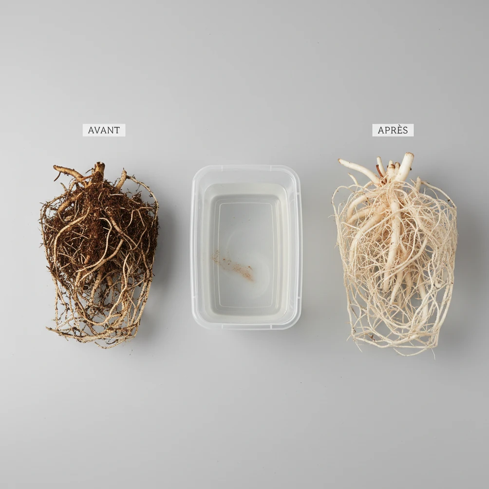 Comparaison des racines d'un Philodendron avant et après rinçage lors du transfert vers la LECA