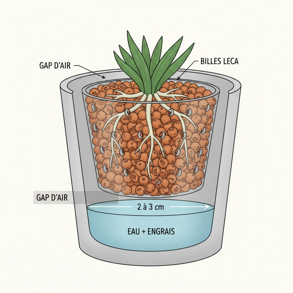 Coupe transversale d'un système LECA double-pot : gap d'air entre le fond du pot intérieur et le réservoir d'eau