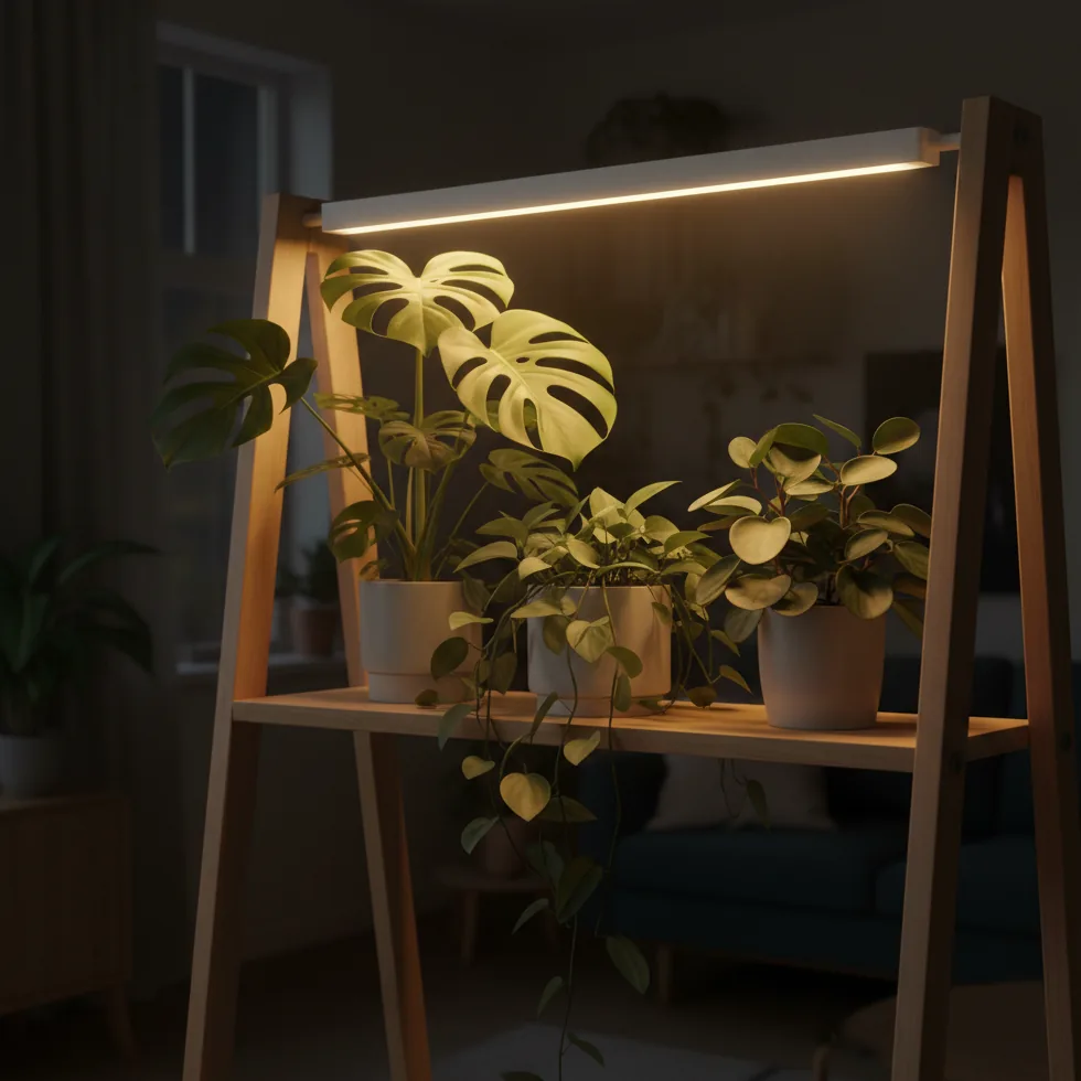 Barre LED de croissance blanche éclairant des plantes tropicales sur une étagère en bois, ambiance chaleureuse d'appartement