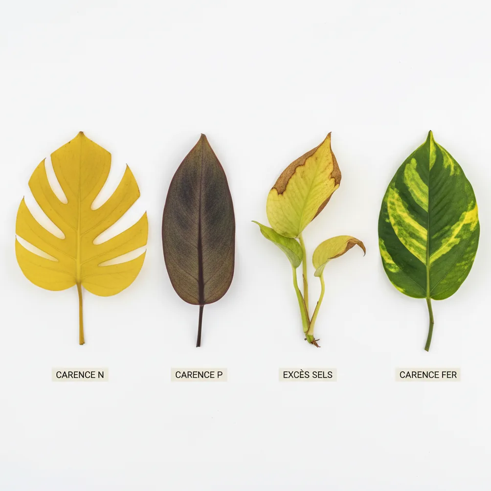 Quatre feuilles tropicales montrant les symptômes de carence en azote, phosphore, excès de sels et carence en fer