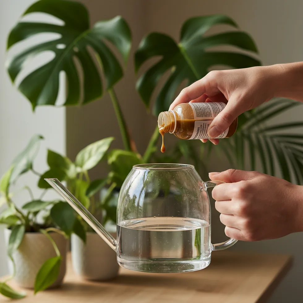 Application d'engrais liquide dans un arrosoir en verre avant d'arroser des plantes tropicales