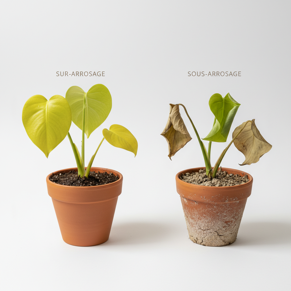 Comparaison sur-arrosage (feuilles molles et jaunes) vs sous-arrosage (feuilles affaissées et sèches) sur Monstera