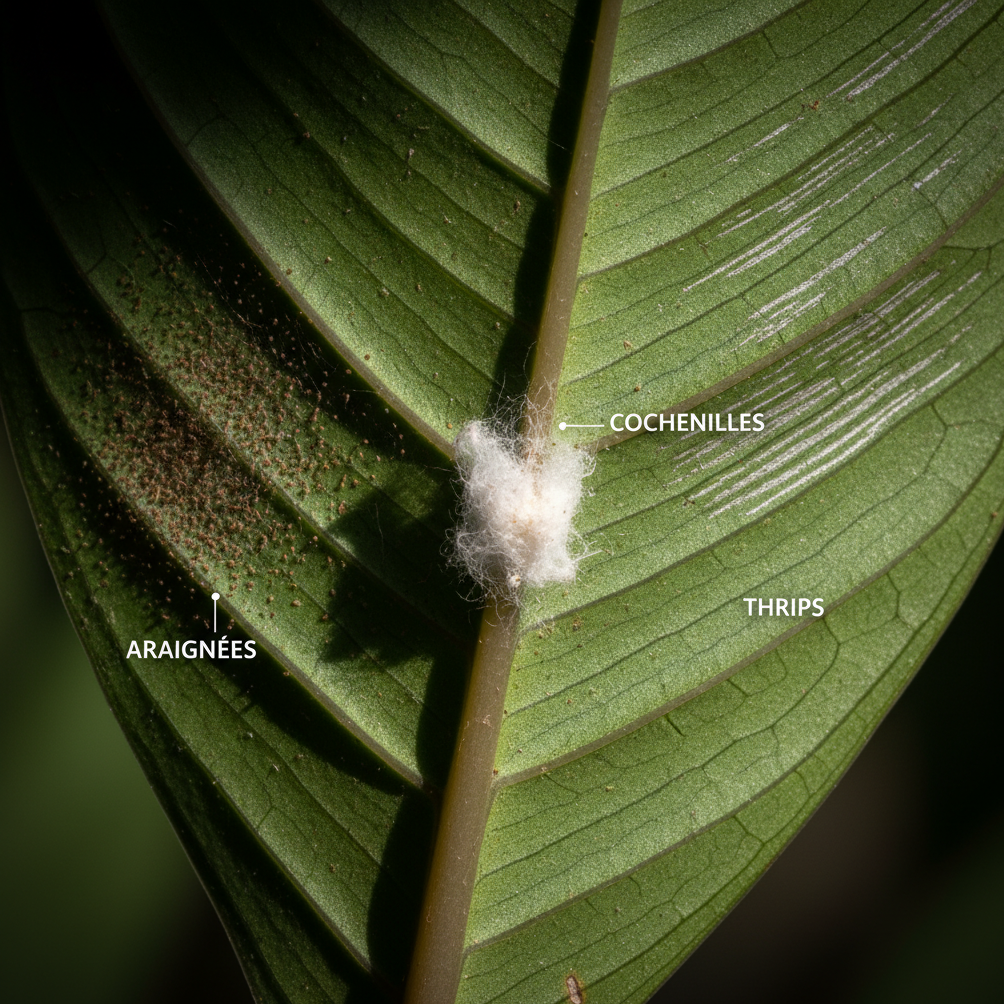 Dessous de feuille tropicale montrant les signes d'infestation par araignées rouges, cochenilles et thrips