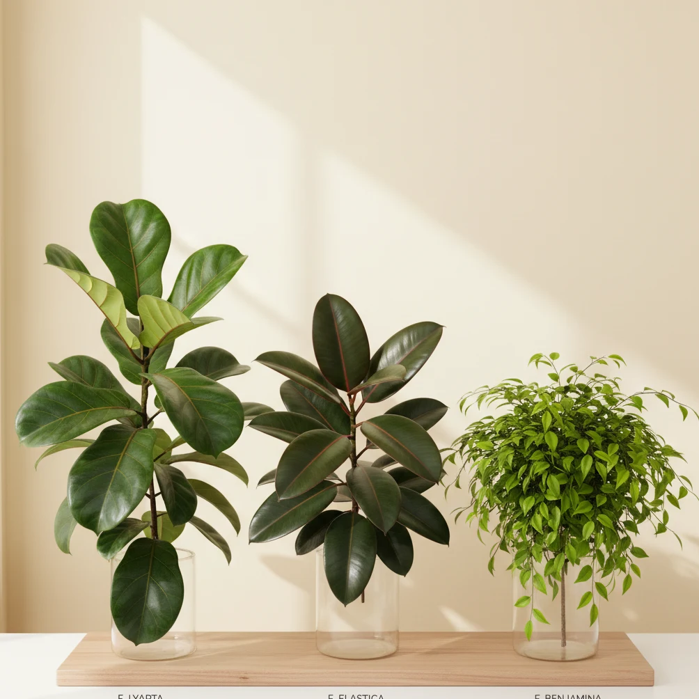 Comparaison de trois Ficus d'intérieur : lyrata, elastica Burgundy et benjamina côte à côte