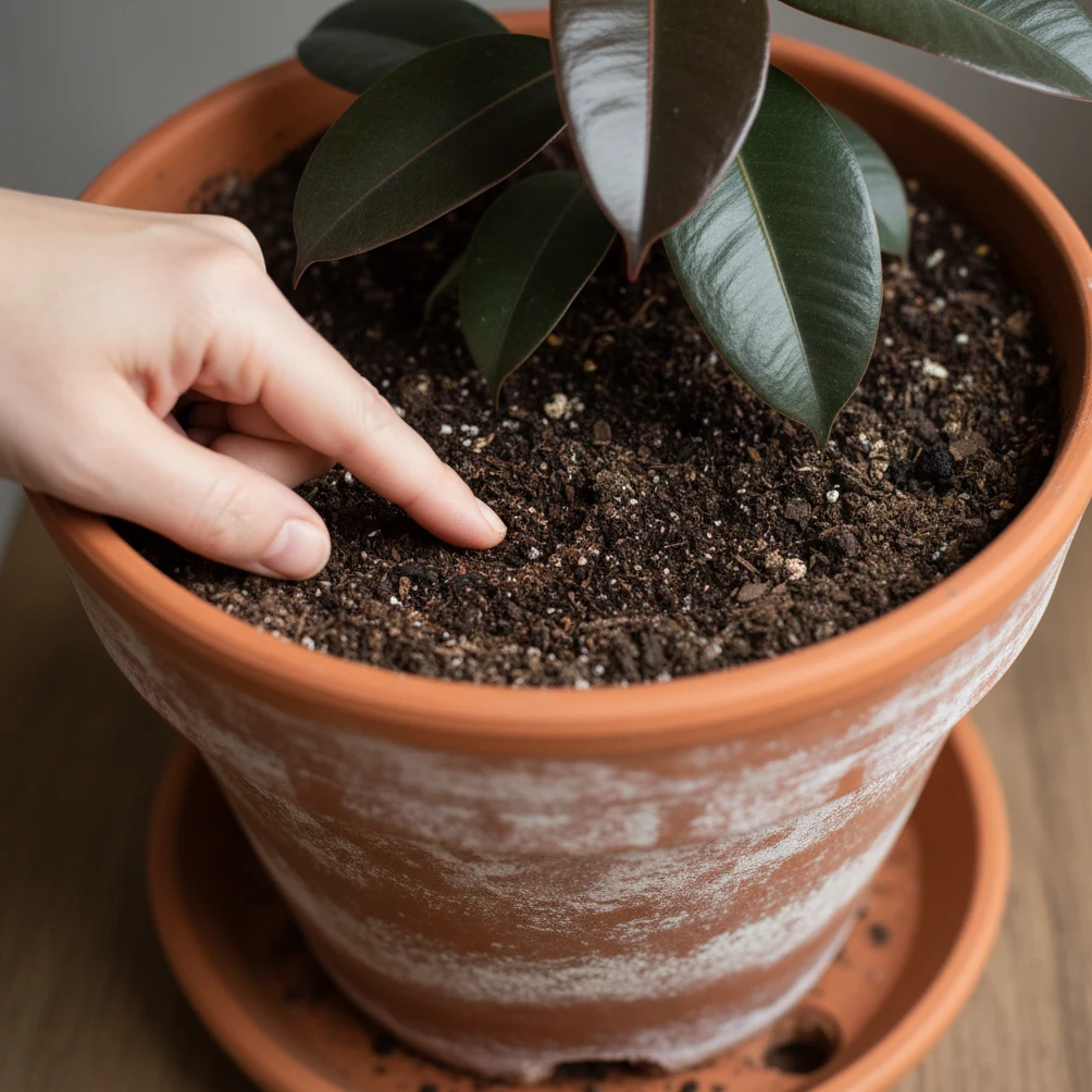 Méthode du doigt pour tester l'humidité du substrat d'un Ficus elastica avant d'arroser