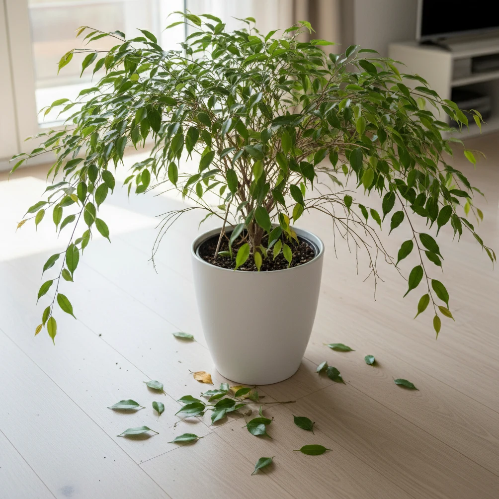 Ficus benjamina avec des feuilles tombées sur le sol autour du pot — symptôme de stress