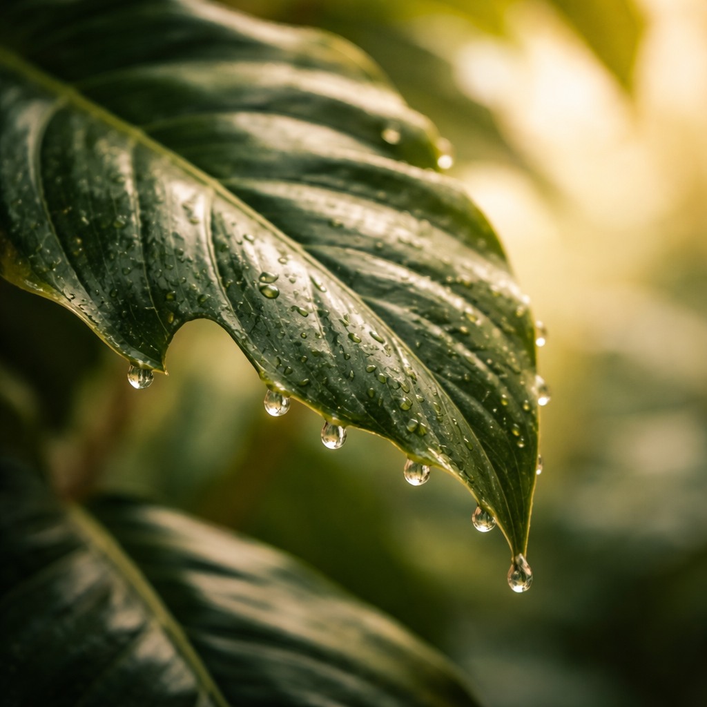 Gouttes de guttation sur une feuille tropicale