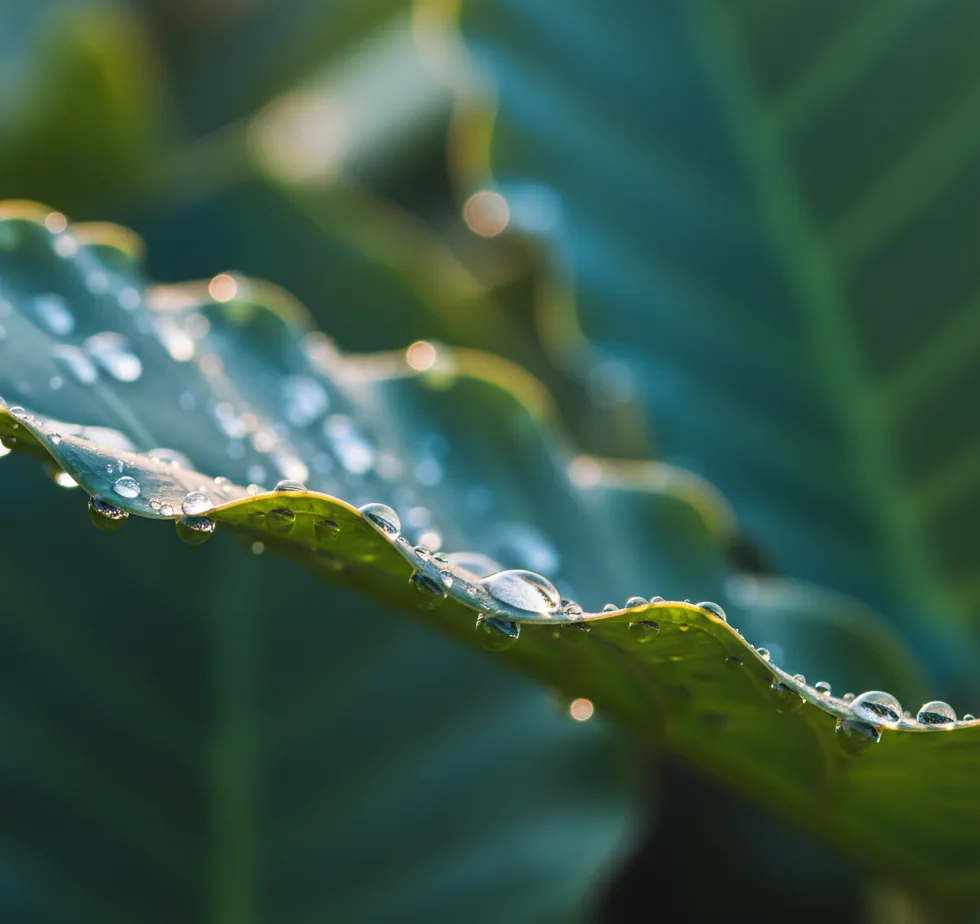 Macro photographie de gouttelettes de guttation translucides sur le bord d'une feuille tropicale de Colocasia, lumière naturelle