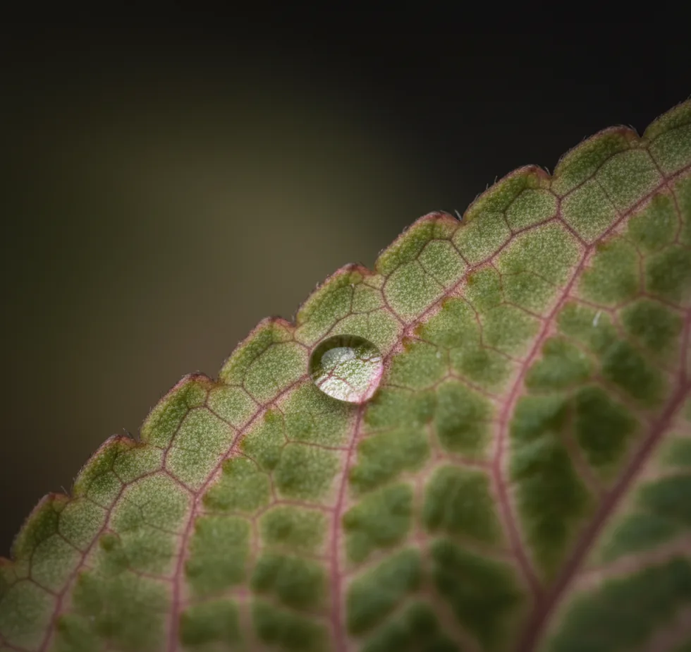 Gros plan sur les hydathodes visibles en bordure d'une feuille tropicale — pores spécialisés responsables de la guttation