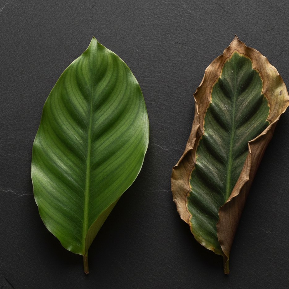Comparaison d'une feuille de Calathea saine et d'une feuille avec bords bruns dus à l'air sec hivernal