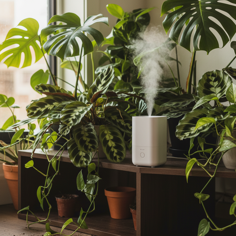 Humidificateur à ultrasons diffusant de la vapeur près d'une étagère de plantes tropicales
