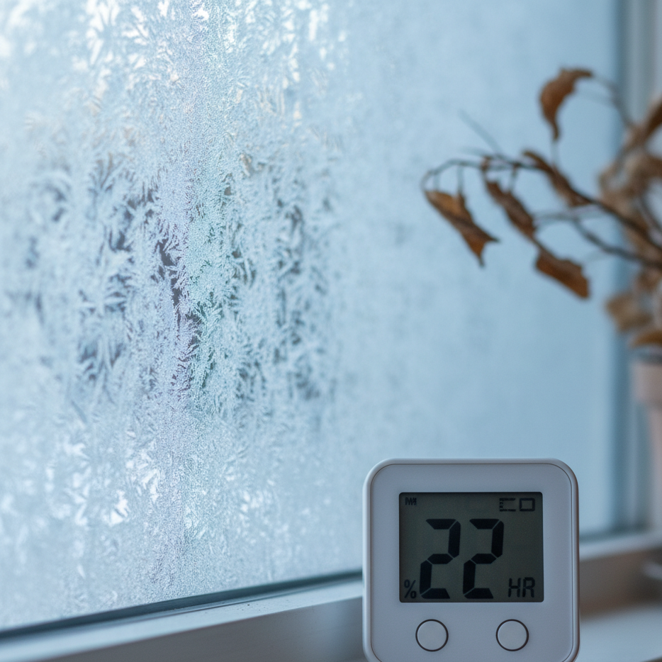 Hygromètre numérique affichant 22% d'humidité relative dans un appartement hivernal québécois