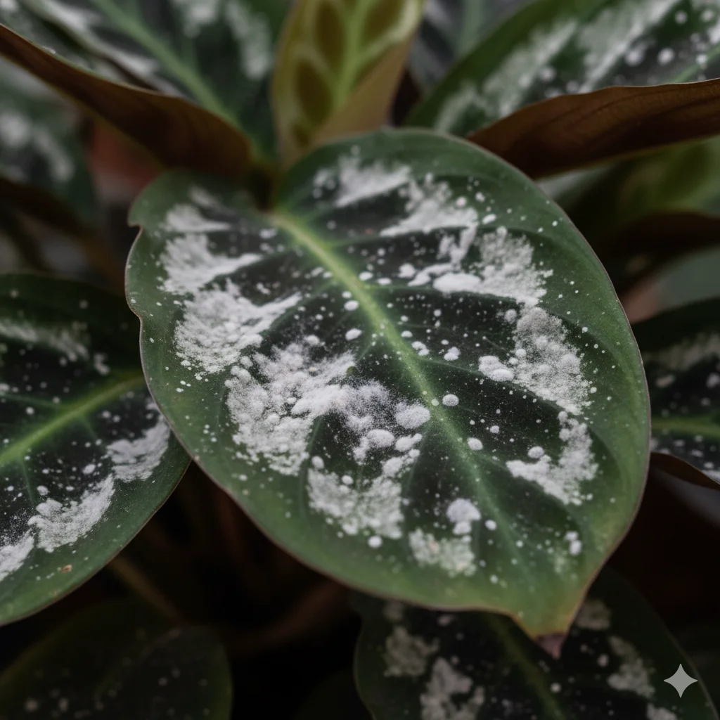 Oïdium (blanc poudreux) sur feuilles de plante tropicale d'intérieur — dépôt farineux blanc caractéristique