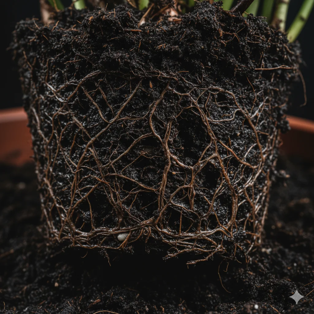 Racines pourries d'une plante tropicale — noires, molles et décomposées, symptômes de pourriture racinaire