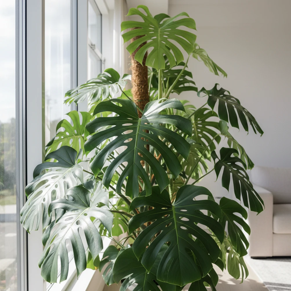 Monstera deliciosa adulte avec grandes feuilles fenêtrées placée dans une lumière vive indirecte