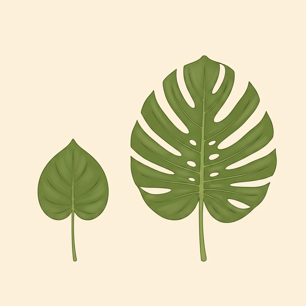 Comparaison entre une jeune feuille de Monstera entière et une feuille adulte avec fenestrations
