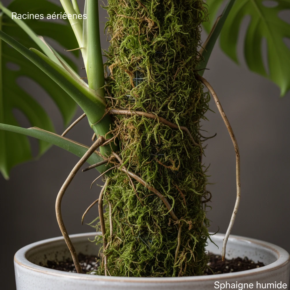 Tuteur en mousse de Monstera deliciosa avec racines aériennes s'ancrant dans la sphaigne humide