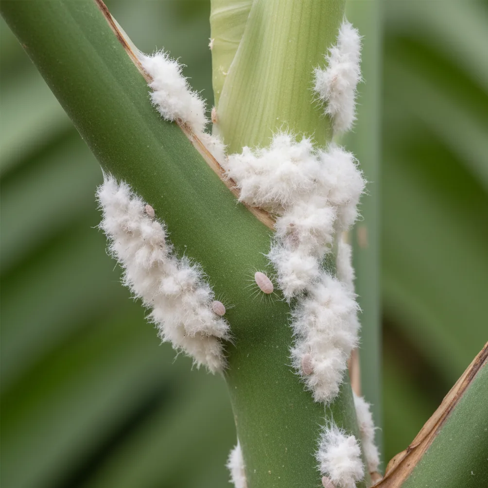 Colonies de cochenilles farineuses — amas blancs cotonneux dans les aisselles d'une tige tropicale