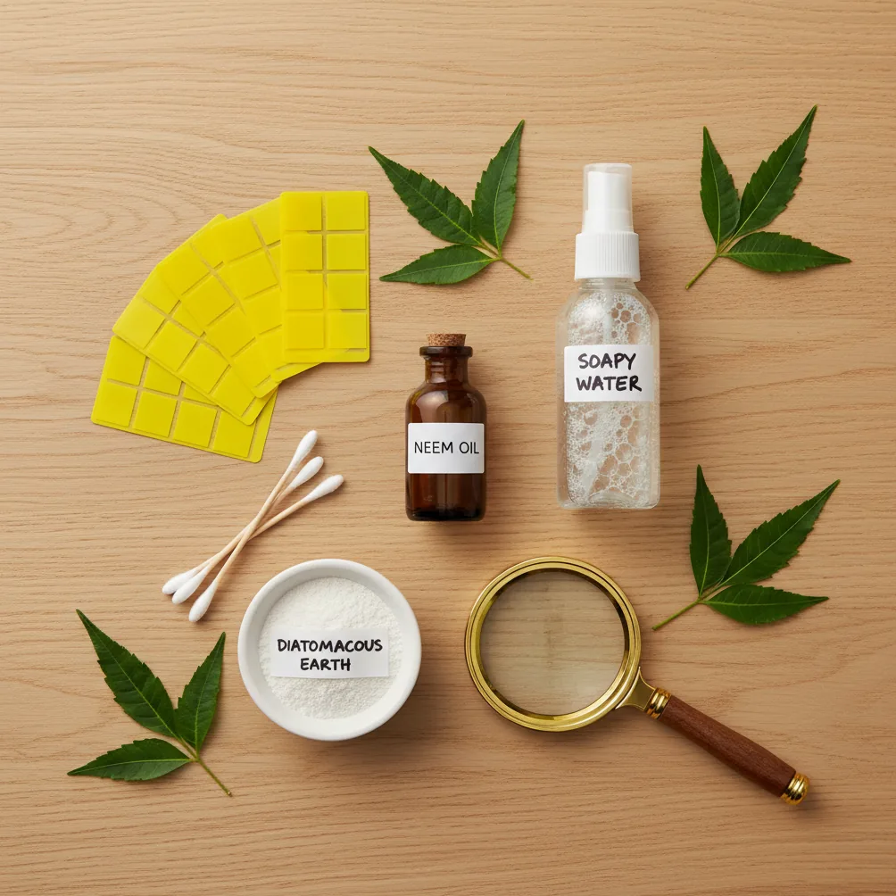 Trousse de traitement naturel contre les parasites : huile de neem, savon, pièges jaunes, coton-tige, terre de diatomées
