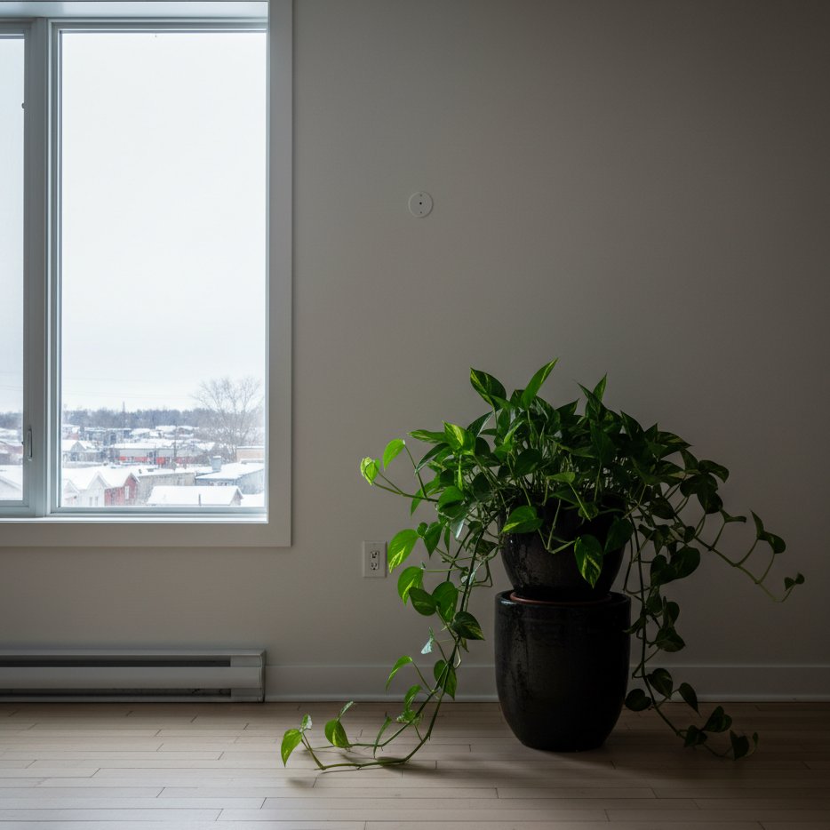 Contraste lumineux dans un intérieur québécois montrant une plante tropicale dans la zone sombre d'une pièce