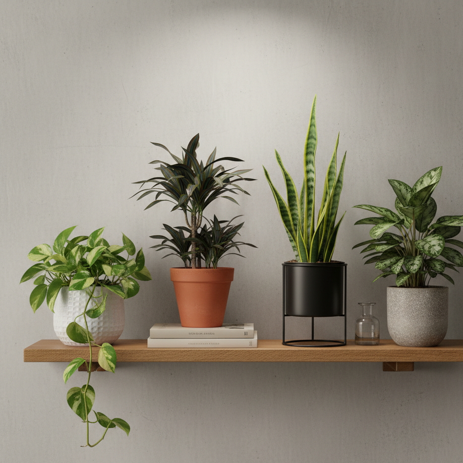Étagère avec collection de plantes tropicales tolérantes à l'ombre — Pothos, Dracaena, Sansevieria — sous éclairage intérieur artificiel