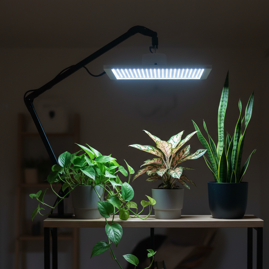 Lampe de croissance LED au spectre complet éclairant une collection de plantes tropicales sur étagère en intérieur sombre