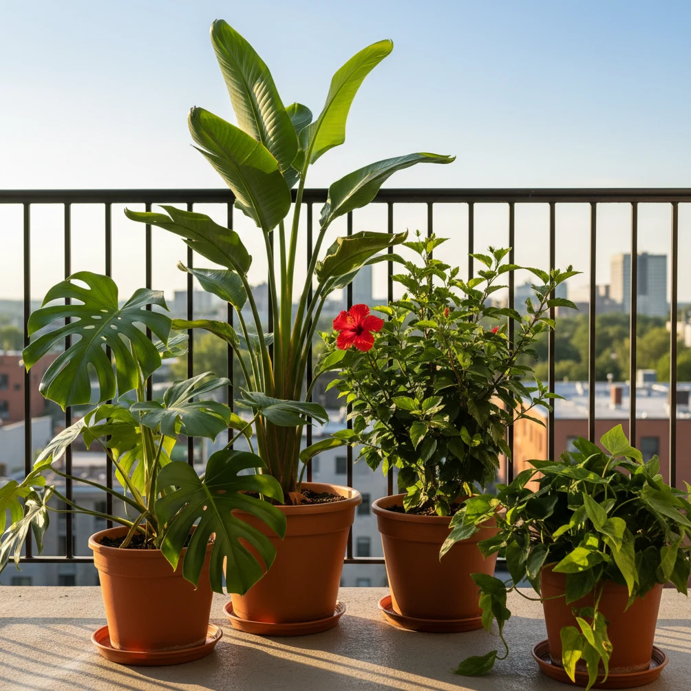 Balcon québécois en été avec plantes tropicales en pot : Monstera, Strelitzia, Hibiscus