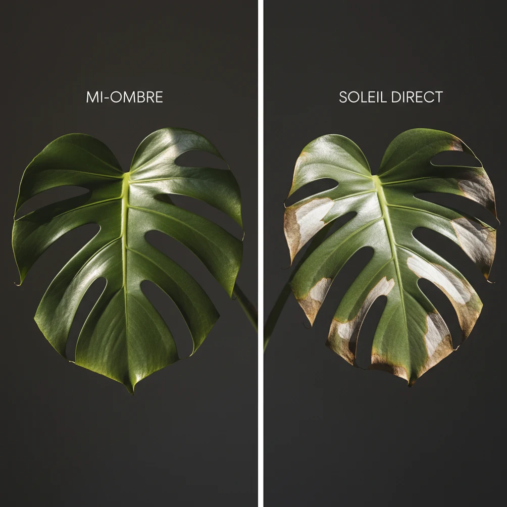 Comparaison : feuille de Monstera saine en mi-ombre (gauche) versus feuille brûlée par le soleil direct (droite)
