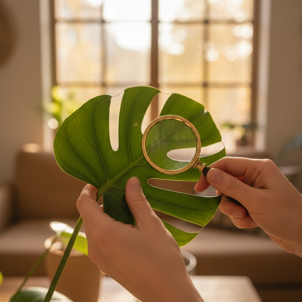 Inspection minutieuse du dessous d'une feuille tropicale à la loupe avant la rentrée automnale