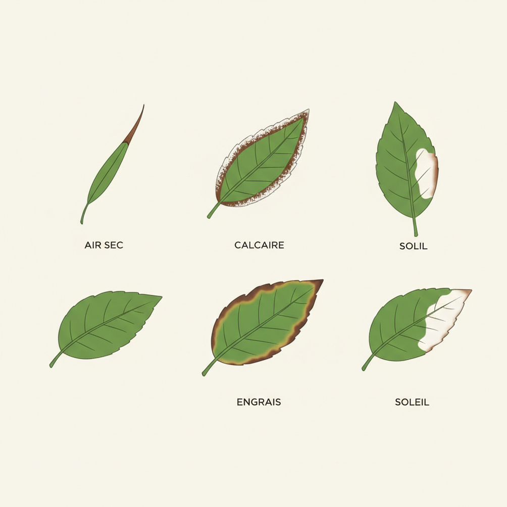 Comparaison des quatre types de brunissement : air sec, calcaire, engrais excessif, coup de soleil
