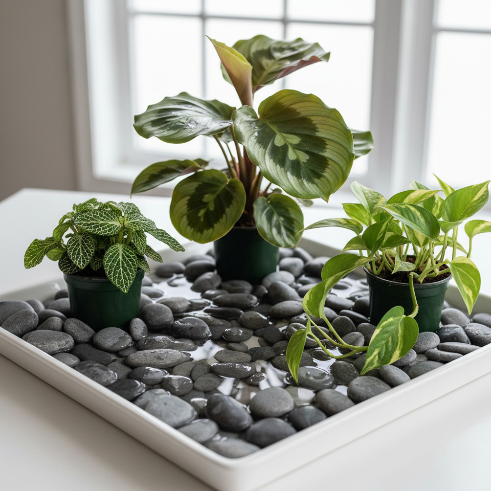 Plateau de galets avec eau sous des pots de plantes tropicales pour augmenter l'humidité ambiante