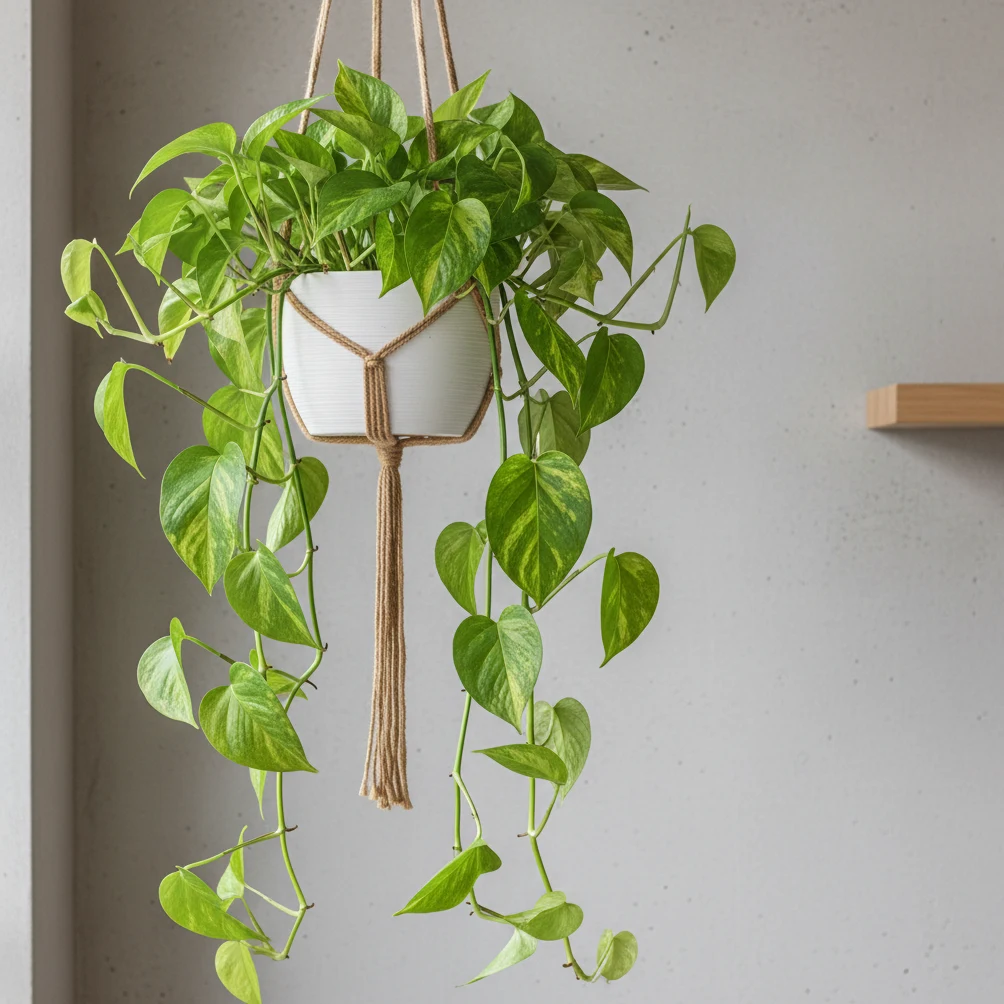 Pothos Golden (Epipremnum aureum) en suspension avec longues tiges retombantes et feuilles marbrees vert et or
