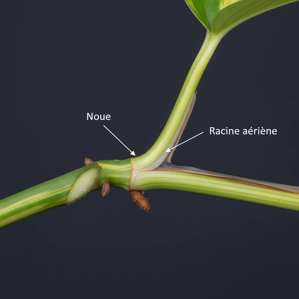 Gros plan sur un noeud de Pothos avec racine aérienne naissante — point d'enracinement pour le bouturage